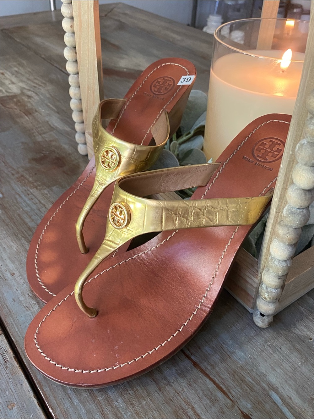 Tory Burch Cameron Wedge Logo Open Toe Thong Sandals‎ Womens 10.5 Metallic Gold